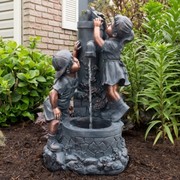 Nature Spring Outdoor Water Fountain with Boy and Girl, Antique Bronze Design and Sound for Decor on Patio, Garden 196232UQW